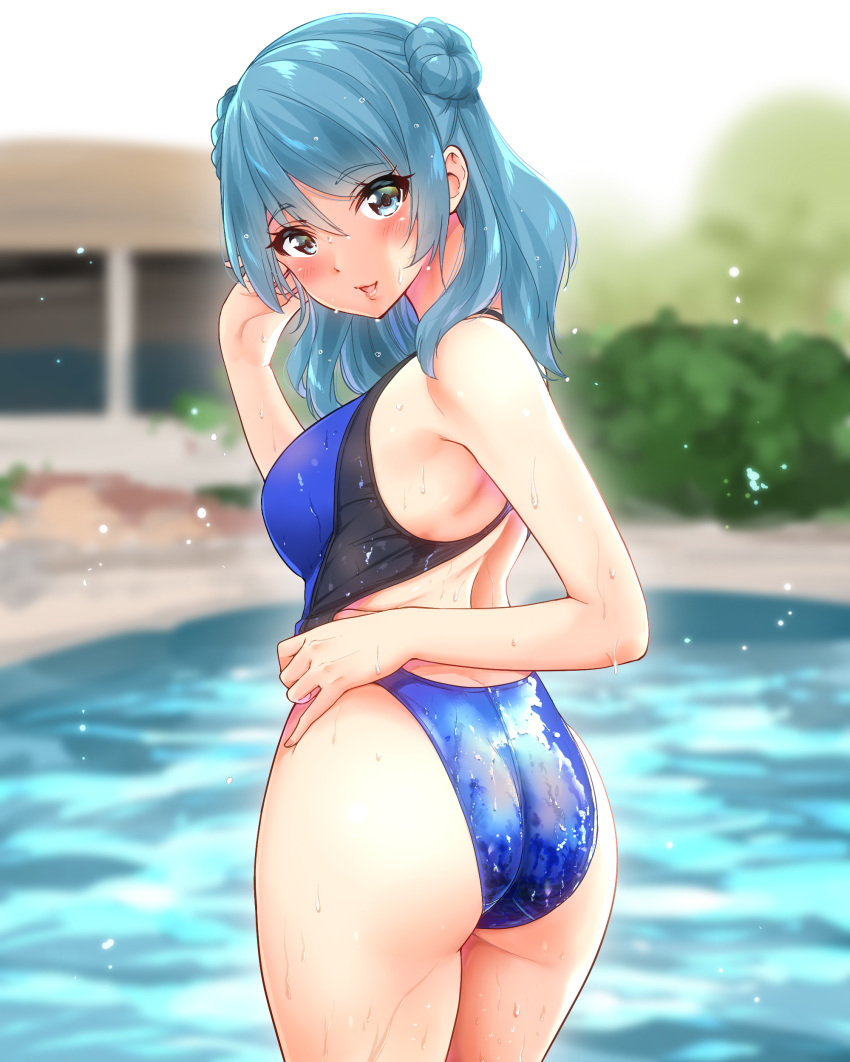 absurdres ass bare_arms bare_shoulders black_swimsuit blue_eyes blue_hair blue_swimsuit blurry blush breasts building bush commentary_request competition_swimsuit cowboy_shot day depth_of_field double_bun eyebrows_visible_through_hair from_behind head_tilt highleg highleg_swimsuit highres kantai_collection large_breasts lips long_hair looking_at_viewer one-piece_swimsuit outdoors parted_lips pool sarfata sidelocks solo swimsuit swimsuit_pull thighs twisted_torso urakaze_(kantai_collection) water wet wet_clothes wet_hair wet_swimsuit