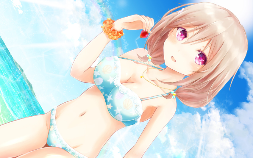 arm_up bare_shoulders bikini blue_bikini blue_sky breasts brown_hair bunny_hair_ornament cleavage cloud cloudy_sky commentary_request day dutch_angle eyebrows_visible_through_hair food fruit girlfriend_(kari) groin hair_ornament hair_scrunchie hairpin highres holding holding_food holding_fruit jewelry kazemachi_haruka light_rays looking_at_viewer masa_(mirage77) navel necklace ocean open_mouth orange_scrunchie print_bikini purple_eyes rainbow scrunchie sky solo standing strawberry summer sunbeam sunlight swimsuit thighs wallpaper water waves