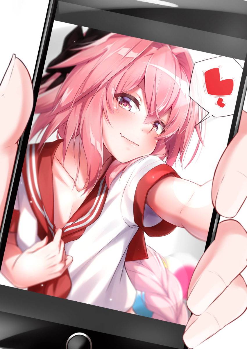 astolfo_(fate) bangs black_bow blurry blush bow braid cellphone cellphone_picture closed_mouth collarbone depth_of_field fang fang_out fate/grand_order fate_(series) fingernails hair_between_eyes hair_bow hair_intakes head_tilt heart highres holding holding_phone long_hair looking_at_viewer male_focus multicolored multicolored_eyes neckerchief otoko_no_ko outstretched_arm phone pink_eyes pink_hair pov pov_hands red_neckwear red_sailor_collar sailor_collar school_uniform self_shot serafuku shiny shiny_hair shirt_pull short_sleeves sidelocks simple_background single_braid smartphone smile solo_focus spoken_heart takatun223 upper_body white_background yellow_eyes