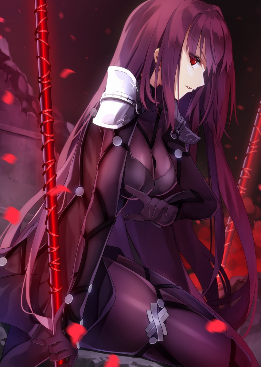 bangs bodysuit breasts commentary_request fate/grand_order fate_(series) gae_bolg highres large_breasts long_hair looking_at_viewer looking_to_the_side minamina parted_lips pauldrons petals polearm purple_bodysuit purple_hair red_eyes scathach_(fate)_(all) scathach_(fate/grand_order) solo spear thighs weapon