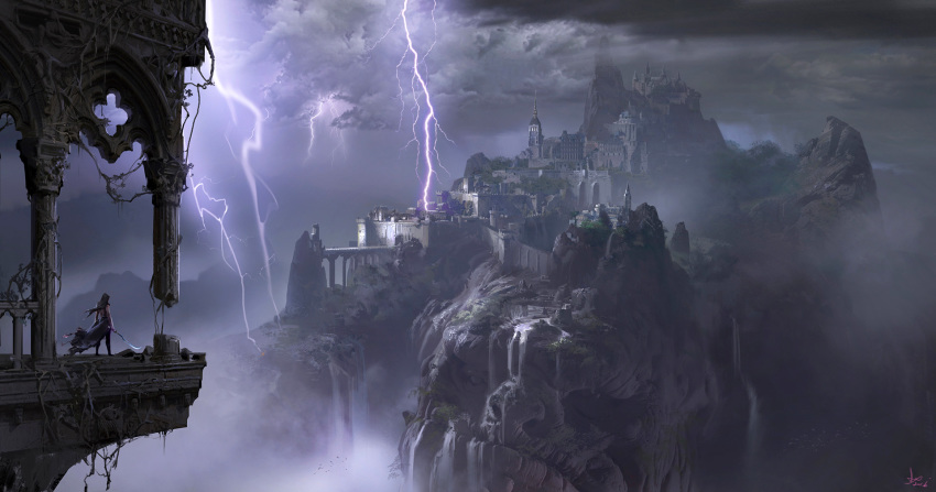 ambiguous_gender castle cloud cloudy_sky commentary english_commentary grey_sky highres holding holding_sword holding_weapon lightning ling_xiang mountain original overcast ruins signature sky solo standing storm sword waist_cape weapon