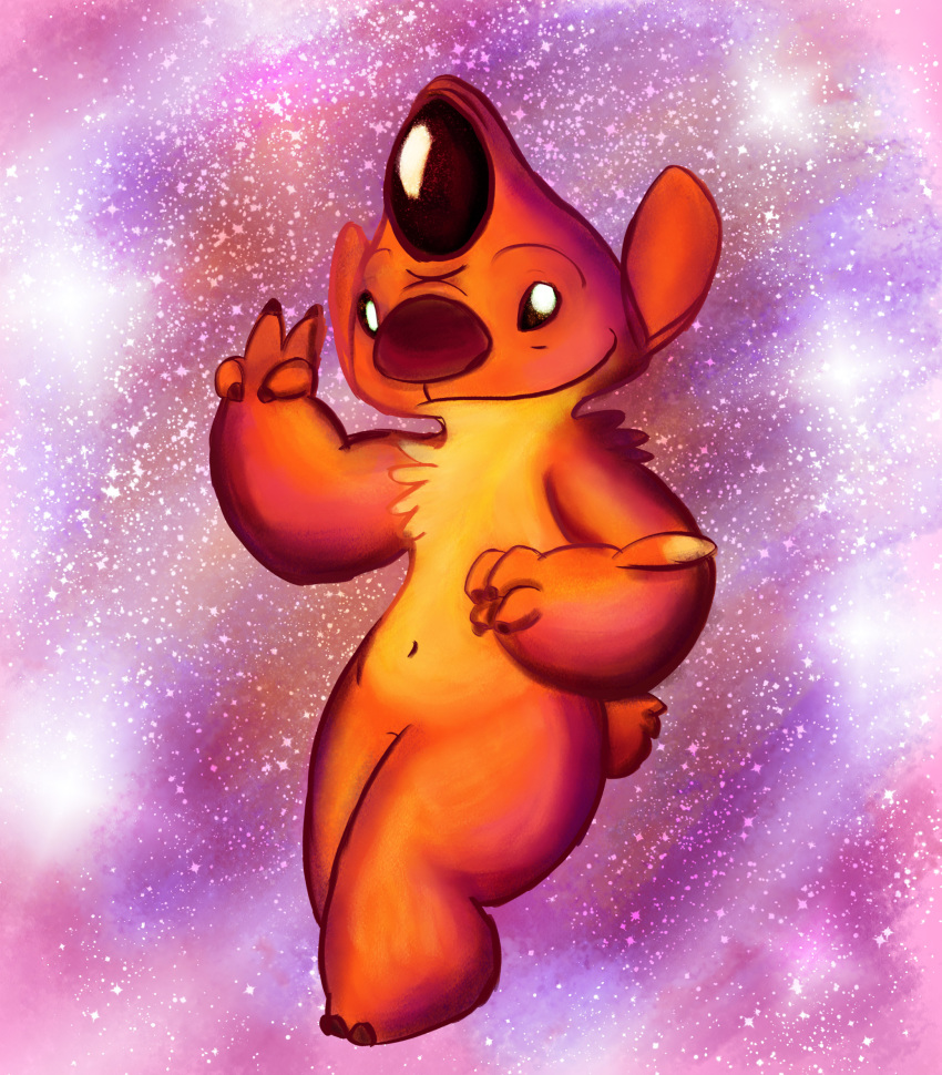 2018 4_fingers abstract_background alien chest_tuft digital_media_(artwork) digital_painting_(artwork) disney experiment_(species) fur heat_(lilo_&amp;_stitch) hi_res lilo_and_stitch looking_at_viewer navel orange_fur red_nose shoulder_tuft small_tail smile solo space starryblast9 tuft v_sign