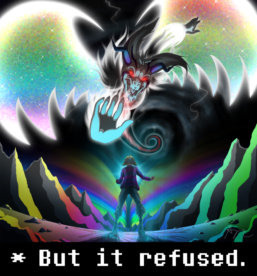 amazing ambiguous_gender angry asriel_dreemurr asriel_dreemurr_(god_form) boss_monster caprine clothed clothing cloud fangs flying foxifyer_(artist) fur goat hair horn human lightning long_ears male mammal multi_eye pants pattern_clothing protagonist_(undertale) rainbow red_eyes sharp_teeth shirt teeth undertale video_games wings