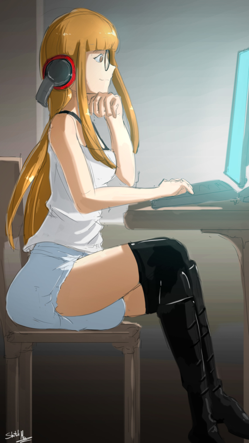 1girl artist_request brown_hair censored computer diaper glasses headset long_hair sitting solo tagme