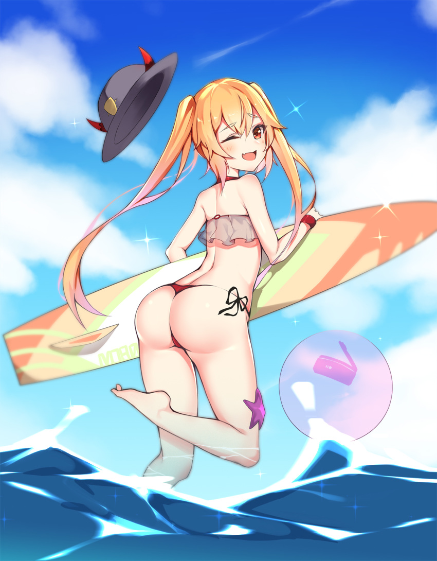 ;d ass ball bare_shoulders beachball bikini blonde_hair blue_sky blush choker cloud day fang girls_frontline grey_hat hat hat_removed headwear_removed highres holding horned_headwear horns long_hair looking_at_viewer looking_back m870_(girls_frontline) md5_mismatch meng_ge_3_(565571710) ocean one_eye_closed open_mouth outdoors red_bikini red_choker see-through side-tie_bikini sky smile solo sparkle standing standing_on_one_leg starfish surfboard swimsuit thong_bikini transparent twintails very_long_hair water wristband