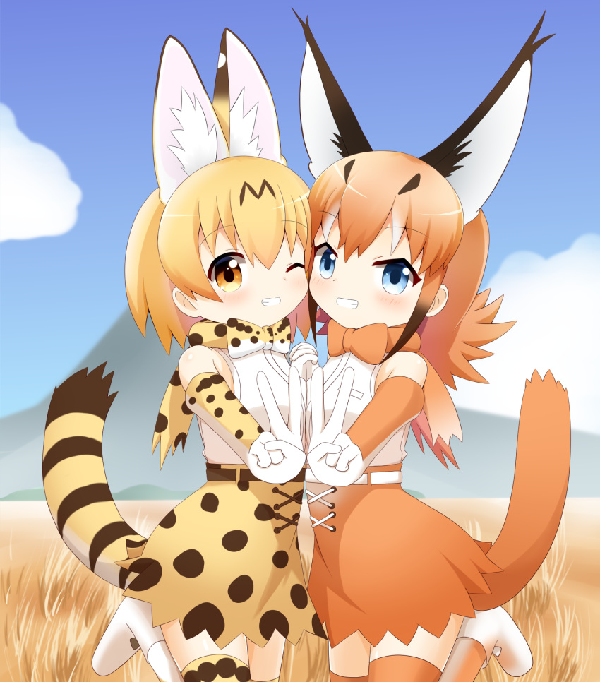 animal_ears belt blonde_hair blue_eyes blue_sky blush bow bowtie breast_press brown_gloves brown_hair brown_legwear brown_neckwear caracal_(kemono_friends) caracal_ears caracal_tail cheek-to-cheek cloud commentary cross-laced_clothes day elbow_gloves extra_ears eyebrows_visible_through_hair gloves high-waist_skirt highres holding_hands interlocked_fingers kemono_friends long_hair looking_at_viewer mountain multiple_girls one_eye_closed outdoors print_gloves print_legwear print_neckwear print_skirt serval_(kemono_friends) serval_ears serval_print serval_tail shin01571 shirt skirt sky sleeveless sleeveless_shirt smile spotted_hair symmetrical_docking tail thighhighs v white_belt white_gloves yellow_eyes yellow_gloves yellow_legwear yellow_neckwear yellow_skirt zettai_ryouiki