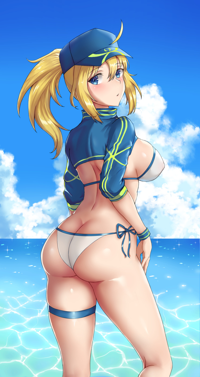 artoria_pendragon_(all) ass back bangs baseball_cap bikini blonde_hair blue_eyes blue_hat blue_sky blush breasts butt_crack closed_mouth cloud day eyebrows_visible_through_hair fate/grand_order fate_(series) from_behind hair_between_eyes hair_through_headwear hat head_tilt highres horizon large_breasts long_hair long_sleeves looking_at_viewer looking_back mysterious_heroine_xx_(foreigner) ocean parted_lips ponytail ray_(zxasqw66) shiny shiny_hair shiny_skin shrug_(clothing) side-tie_bikini sidelocks sky solo sparkle standing summer swimsuit thigh_strap white_bikini wristband