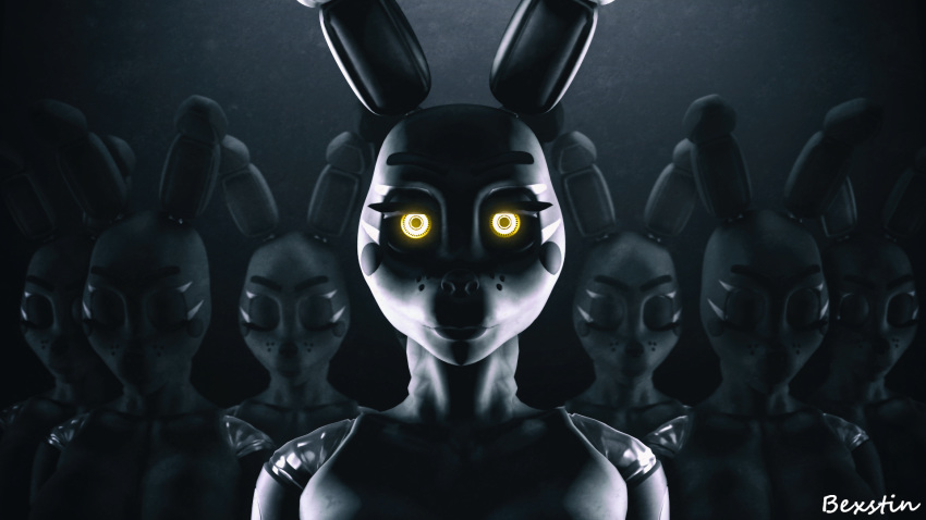 2018 3d_(artwork) animatronic anthro bexstin digital_media_(artwork) female five_nights_at_freddy's glowing glowing_eyes group hi_res lagomorph looking_at_viewer machine mammal rabbit robot simple_background solo_focus source_filmmaker video_games