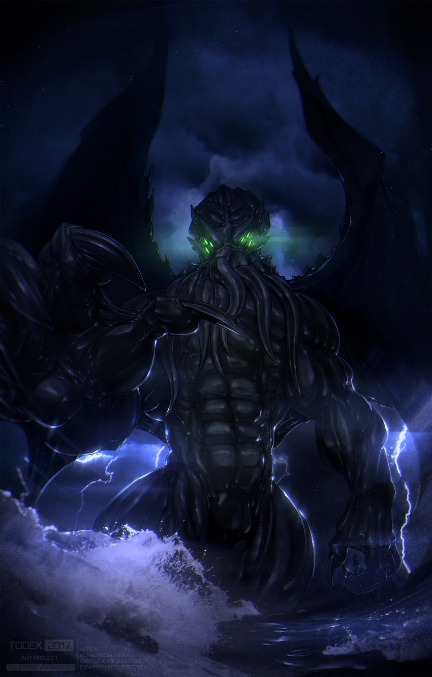 2017 abs anthro biceps cephalopod claws cthulhu cthulhu_mythos dark dark_theme deity digital_media_(artwork) glowing glowing_eyes h.p._lovecraft hi_res humanoid looking_at_viewer male mantle_(anatomy) marine monster muscular muscular_male night pecs reaching solo tentacles thunder todex villainous wings
