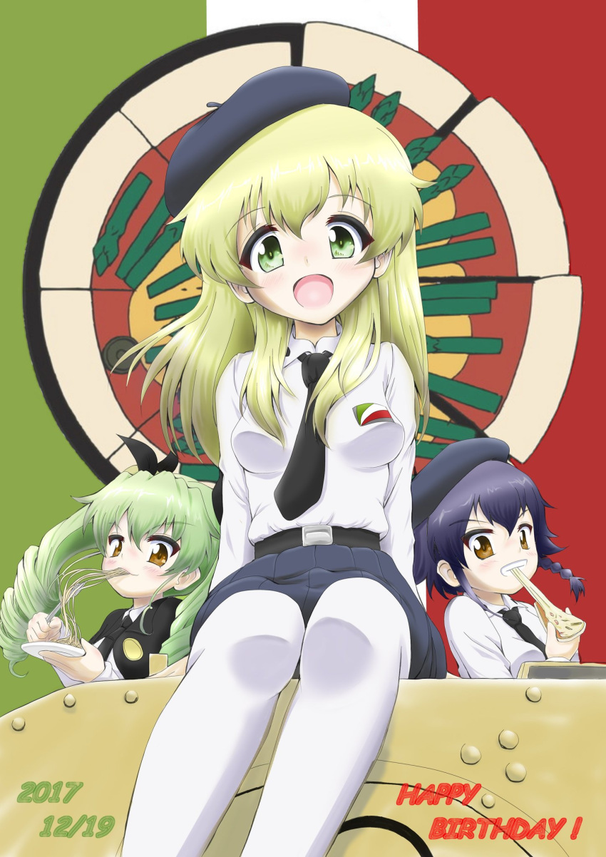 :d anchovy anzio_(emblem) anzio_school_uniform arm_support asparagus bangs belt beret black_belt black_cape black_hat black_neckwear black_ribbon black_skirt blonde_hair braid cape carpaccio character_name commentary dated daxz240r dress_shirt drill_hair eating emblem english eyebrows_visible_through_hair flag_background food fork girls_und_panzer green_eyes green_hair grin ground_vehicle hair_ribbon happy_birthday hat highres holding italian_flag long_hair long_sleeves looking_at_viewer military military_vehicle miniskirt motor_vehicle multiple_girls necktie open_mouth pantyhose pasta pepperoni_(girls_und_panzer) pizza plate pleated_skirt red_eyes ribbon school_uniform semovente_75/18 shirt short_hair side_braid sitting skirt smile standing tank twin_drills twintails white_legwear white_shirt