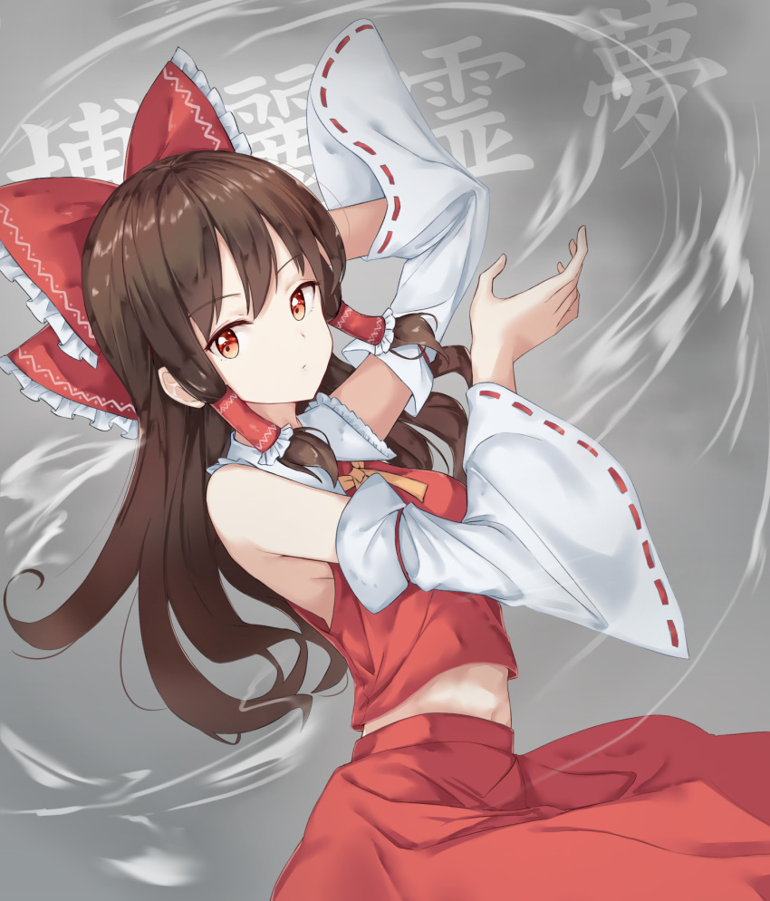 bow brown_hair detached_sleeves eyebrows_visible_through_hair floating_hair grey_background hair_bow hair_tubes hakurei_reimu hand_in_hair highres long_hair looking_at_viewer midriff mojomaru navel red_bow red_eyes red_shirt red_skirt ribbon-trimmed_sleeves ribbon_trim shirt skirt sleeveless sleeveless_shirt solo stomach striped striped_bow touhou