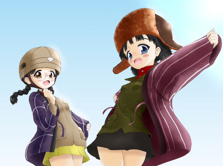 :d bangs black_hair black_skirt blue_background blue_eyes blue_jacket braid brown_eyes brown_hat brown_jacket chi-hatan_military_uniform cowboy_shot daxz240r emblem fukuda_(girls_und_panzer) fur_hat girls_und_panzer glasses gradient gradient_background green_jacket hanten_(clothes) hat helmet highres jacket long_hair long_sleeves looking_at_viewer medium_hair military military_uniform miniskirt multiple_girls nina_(girls_und_panzer) open_mouth outstretched_arms pleated_skirt pravda_school_uniform red_jacket red_shirt round_eyewear school_uniform shirt skirt smile spread_arms standing turtleneck twin_braids twintails uniform ushanka yellow_skirt