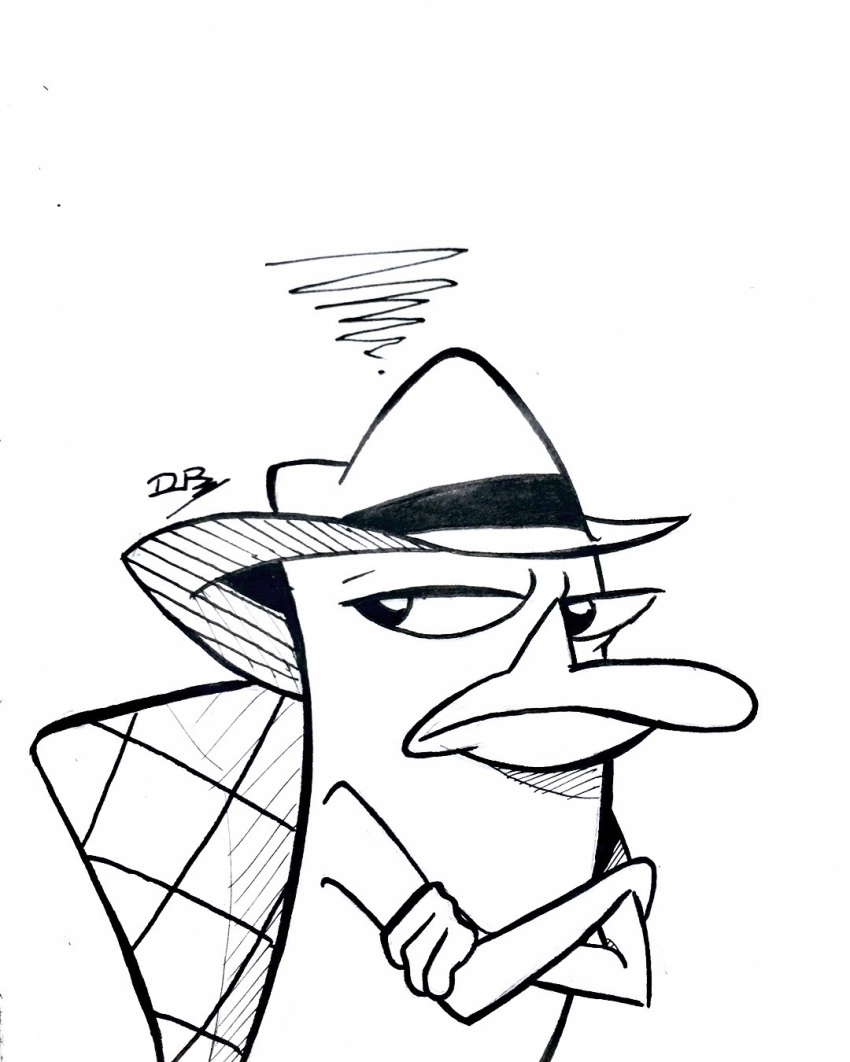2018 annoyed bird_comix_studios black_and_white crossed_arms disney fedora hat hi_res mammal marker_(artwork) monochrome monotreme perry_the_platypus phineas_and_ferb platypus simple_background solo traditional_media_(artwork) white_background