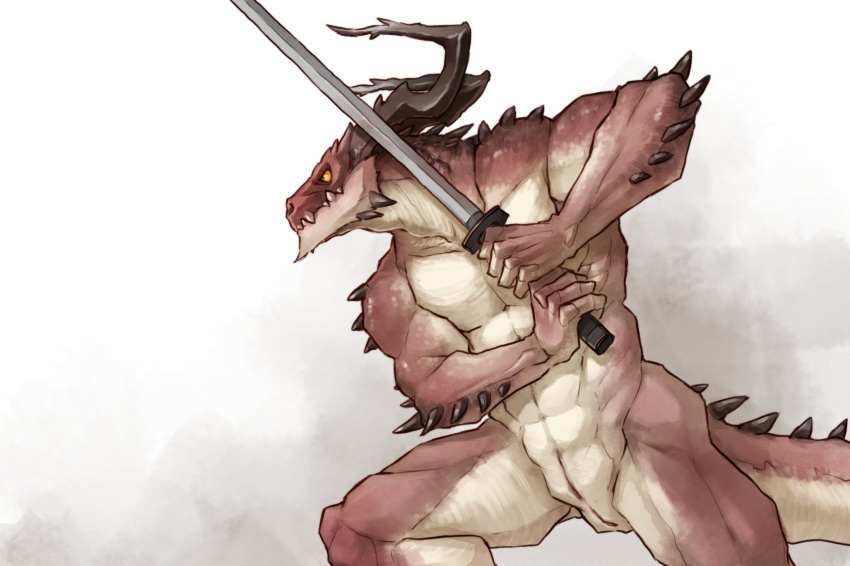 abs animal_genitalia anthro dragon genital_slit hi_res holding_sword horn male melee_weapon muscular muscular_male nude pecs pngx_(artist) pose slit solo standing sword weapon