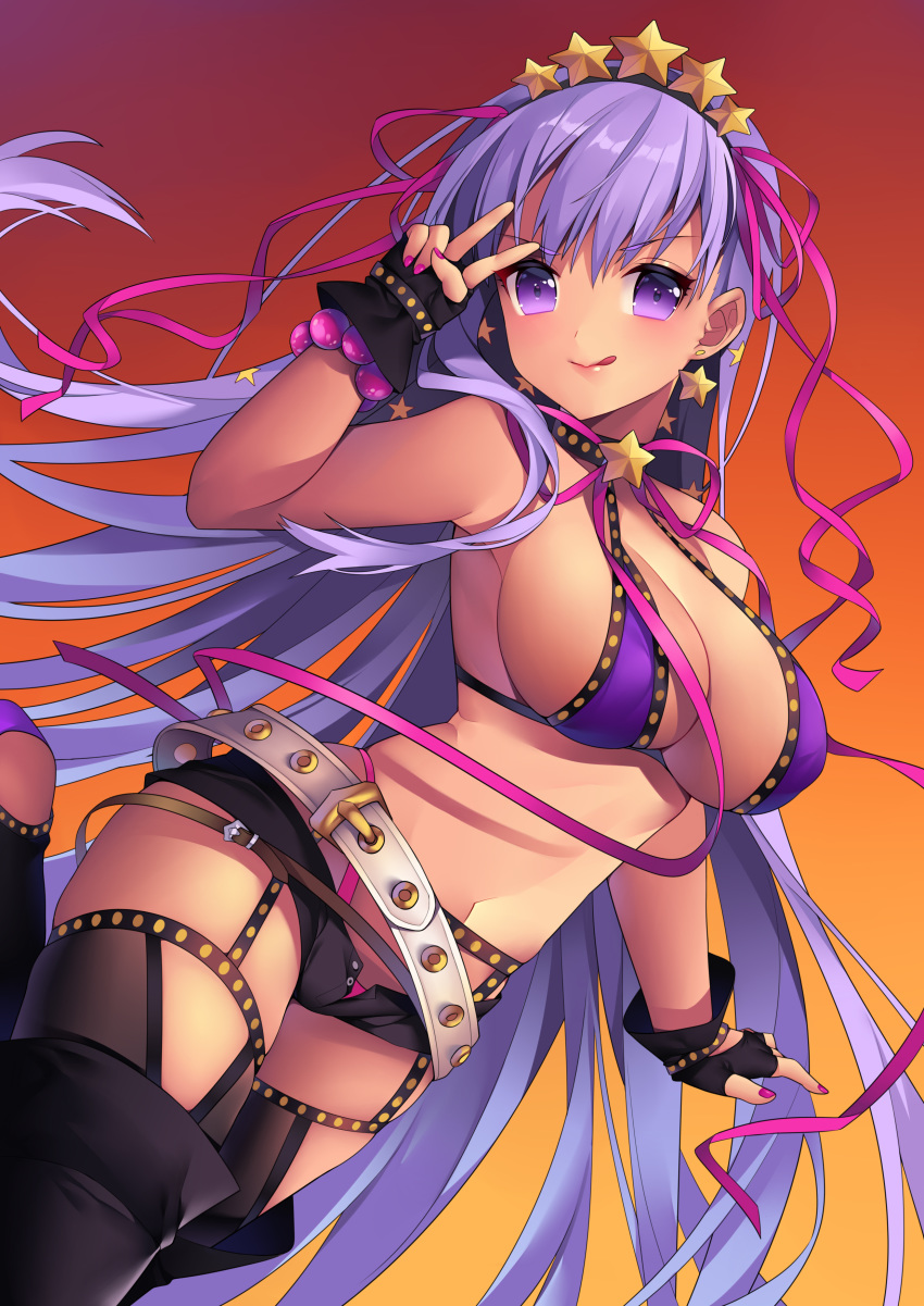 :q absurdres bb_(fate)_(all) bb_(swimsuit_mooncancer)_(fate) bikini bikini_under_clothes black_choker black_footwear black_garter_belt black_gloves black_legwear black_shorts boots breasts choker eyebrows_visible_through_hair fate/grand_order fate_(series) fingerless_gloves floating_hair garter_belt gloves gold_trim hair_ribbon hairband highleg highleg_bikini highres large_breasts leg_up long_hair looking_at_viewer may_(2747513627) micro_shorts nail_polish navel open_clothes open_fly open_shorts pink_bikini_bottom purple_bikini_top purple_eyes purple_hair red_nails red_ribbon ribbon shiny shiny_hair shorts sideboob solo star studded_garter_belt swimsuit thigh_boots thighhighs thighhighs_under_boots tongue tongue_out unbuttoned v very_long_hair