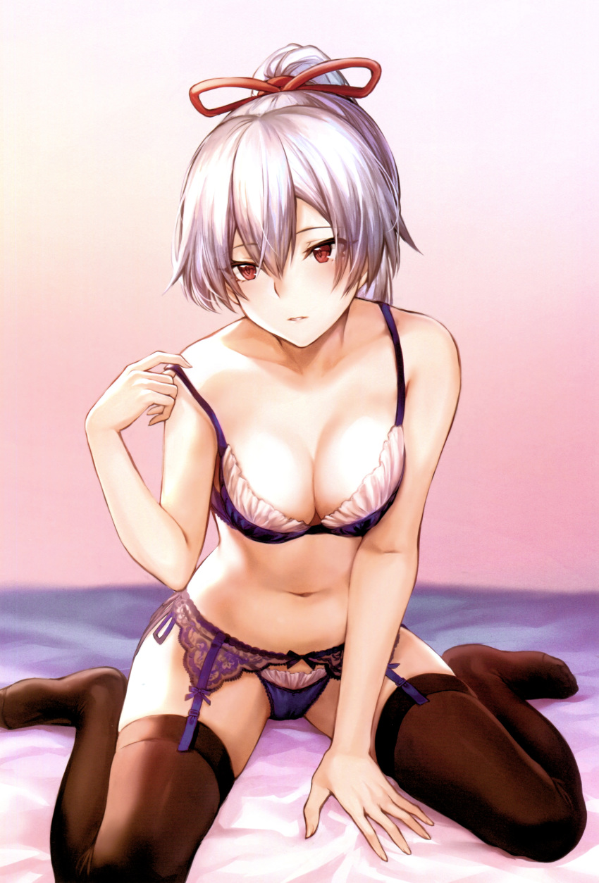 absurdres bangs bare_shoulders bed_sheet black_legwear blue_bra blue_panties blush bow bra breasts cleavage collarbone eyebrows_visible_through_hair fate/grand_order fate_(series) fingernails garter_belt hair_between_eyes hair_bow hair_ribbon hand_up highres hips lace-trimmed_garter_belt lace_trim lingerie long_hair looking_to_the_side mashu_003 medium_breasts navel no_shoes panties parted_lips pink_background ponytail red_eyes ribbon scan sidelocks silver_hair sitting skindentation solo stomach strap_pull strap_slip thighhighs thighs tomoe_gozen_(fate/grand_order) tsurime underwear wariza