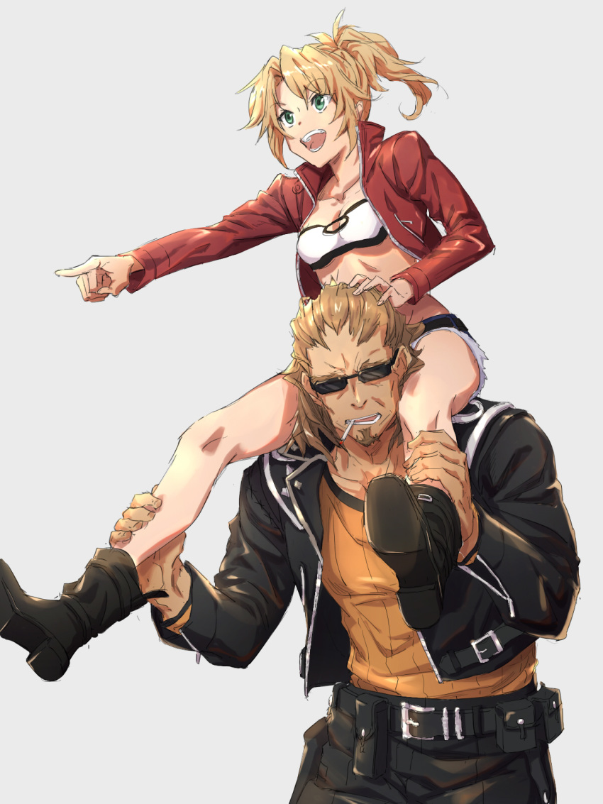 1girl bangs belt belt_pouch black_footwear black_jacket black_pants blonde_hair breasts brown_hair carrying cigarette cleavage collarbone denim denim_shorts facial_hair fate/apocrypha fate_(series) goatee green_eyes grey_background hajimetakadai highres holding_legs jacket medium_hair mordred_(fate) mordred_(fate)_(all) open_mouth orange_shirt pants parted_bangs pointing ponytail pouch red_jacket shirt shishigou_kairi short_shorts shorts shoulder_carry small_breasts standing sunglasses