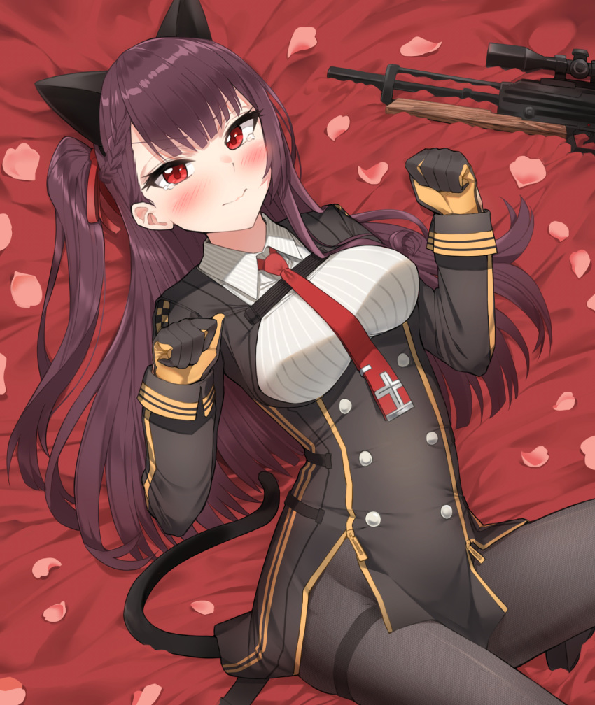 animal_ears applepie_(12711019) bangs bed_sheet black_legwear black_skirt blazer blush breasts bullpup cat_ears cat_tail closed_mouth collared_shirt commentary double-breasted eyebrows_visible_through_hair framed_breasts girls_frontline gloves gun hair_ribbon half_updo high-waist_skirt highres jacket large_breasts long_hair long_sleeves looking_at_viewer lying necktie on_back one_side_up pantyhose paw_pose pelvic_curtain petals purple_hair red_eyes red_neckwear red_ribbon ribbon rifle shirt skirt sniper_rifle solo striped striped_shirt tail taut_clothes tearing_up thighband_pantyhose underbust v-shaped_eyebrows very_long_hair wa2000_(girls_frontline) walther walther_wa_2000 weapon