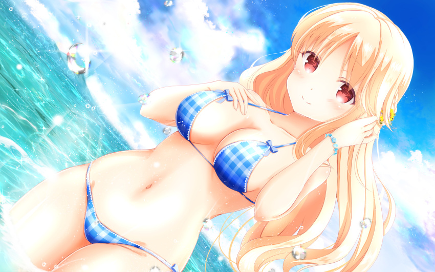 arm_up bare_shoulders bikini blonde_hair blue_bikini blue_sky blush breasts cleavage closed_mouth cloud cloudy_sky collarbone commentary_request day dutch_angle eyebrows_visible_through_hair flower girlfriend_(kari) glint hair_flower hair_ornament hand_on_own_chest highres large_breasts light_rays long_hair looking_at_viewer masa_(mirage77) navel ocean outdoors partial_commentary plaid plaid_bikini raised_eyebrows red_eyes sasahara_nonoka sky smile solo standing sunbeam sunlight swimsuit thighs wading wallpaper water water_drop waves
