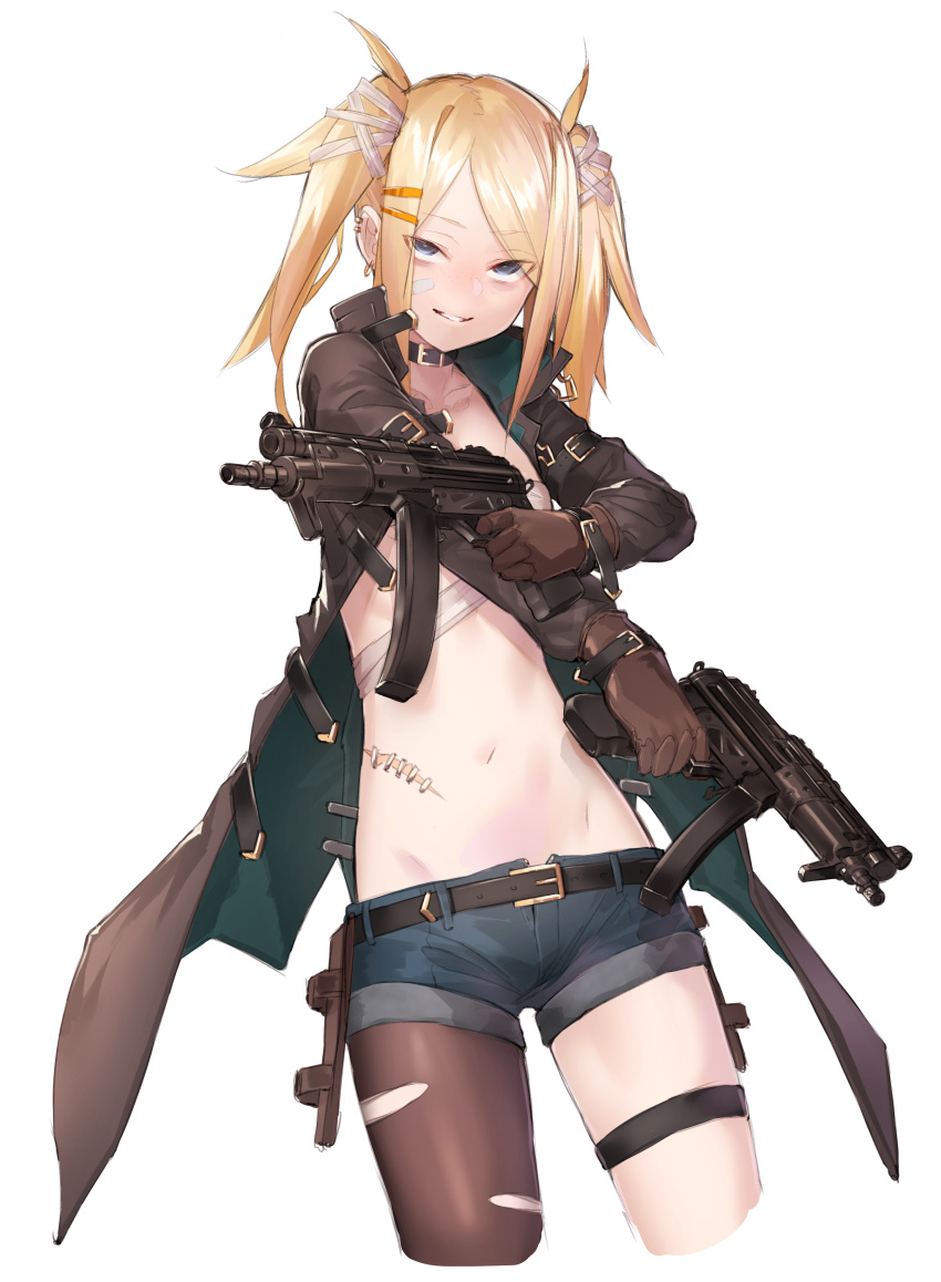 absurdres bad_proportions bandaid bandaid_on_face belt blonde_hair blue_eyes breasts brown_gloves brown_legwear choker coat commentary_request deluxe&lt;&lt;&lt; dual_wielding ear_piercing eyebrows_visible_through_hair eyes_visible_through_hair freckles gloves gun h&amp;k_mp5 h&amp;k_mp5k heckler_&amp;_koch highres holding looking_at_viewer original pantyhose parted_lips piercing sarashi scar short_shorts shorts simple_background small_breasts smirk solo stitches submachine_gun thigh_strap torn_clothes torn_legwear twintails weapon white_background