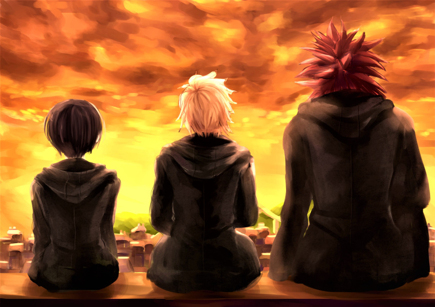 2boys absurdres axel_(kingdom_hearts) back black_coat black_coat_(kingdom_hearts) black_hair blonde_hair city commentary_request from_behind highres hood hood_down kingdom_hearts kingdom_hearts_358/2_days multiple_boys orange_sky red_hair rooftop roxas sakana_sakanama scenery short_hair sky sunset xion_(kingdom_hearts)