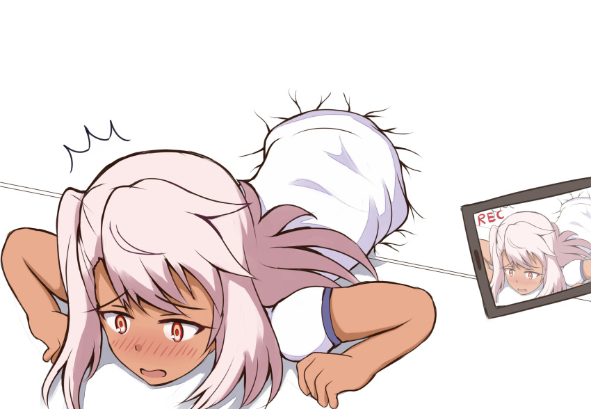 1girl bangs blush camcorder chloe_von_einzbern commentary_request cracked_wall dark_skin eyebrows_visible_through_hair fate/kaleid_liner_prisma_illya fate_(series) gym_shirt highres long_hair looking_away mitchi nose_blush open_mouth pink_hair puffy_short_sleeves puffy_sleeves recording red_eyes shirt short_sleeves solo stuck through_wall white_shirt