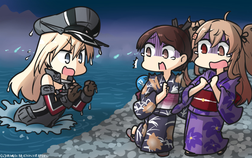 3girls alternate_costume bare_shoulders bismarck_(kantai_collection) black_kimono blonde_hair blue_eyes brown_eyes brown_gloves brown_hair commentary_request dated detached_sleeves floral_print gloves hair_between_eyes hair_flaps hamu_koutarou hat heterochromia highres hitodama japanese_clothes kantai_collection kimono light_brown_eyes light_brown_hair long_hair military military_hat military_uniform multiple_girls murasame_(kantai_collection) obi open_mouth peaked_cap ponytail print_kimono purple_kimono red_eyes remodel_(kantai_collection) sandals sash scared shikinami_(kantai_collection) short_hair tears uniform yukata