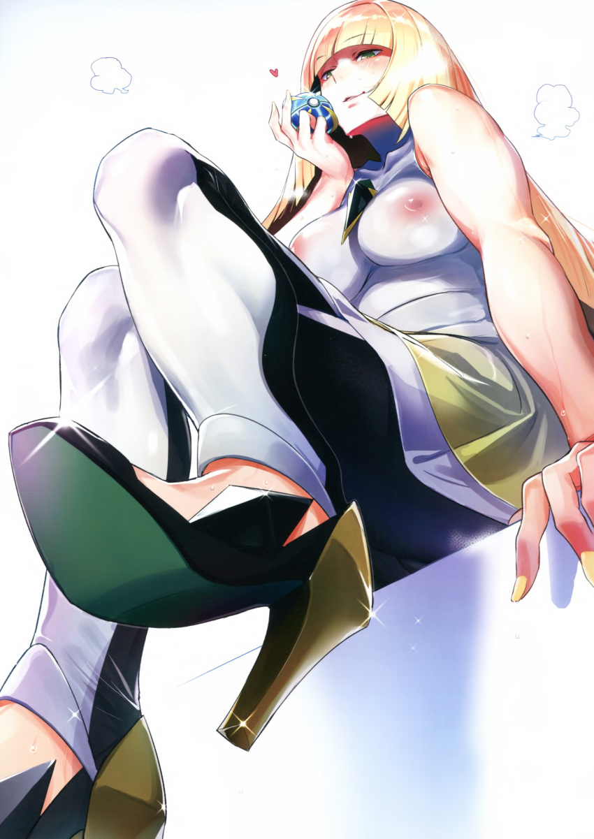 1girl areolae bare_arms bare_shoulders blonde_hair blush breasts breath creatures_(company) eyebrows eyebrows_visible_through_hair feet from_below game_freak green_eyes groin heart high_heels highres holding iku_(ikuchan_kaoru) large_breasts leggings legs long_hair looking_down lusamine_(pokemon) milf nail_polish nintendo nipples parted_lips poke_ball pokemon pokemon_(game) pokemon_sm see-through see-through_silhouette shiny shiny_clothes simple_background sitting skirt sleeveless smile solo sweatdrop thighs white_background yellow_nails