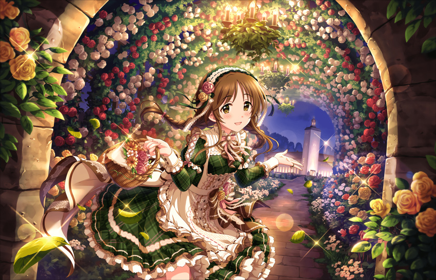 alternate_hairstyle apron artist_request bangs basket blush bow braid brown_eyes brown_hair dress eyebrows_visible_through_hair flower frilled_dress frills garden hair_flower hair_ornament headdress highres holding idolmaster idolmaster_cinderella_girls idolmaster_cinderella_girls_starlight_stage jewelry lace leaf long_hair long_sleeves looking_at_viewer night night_sky official_art open_mouth outdoors plaid puffy_sleeves ribbon ring rose sky smile solo takamori_aiko twin_braids white_apron