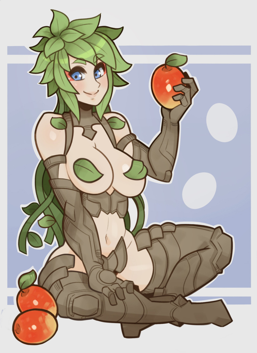 apple bangs blue_background blue_eyes breasts dryad eyebrows_visible_through_hair food fruit green_hair highres indian_style kii_(monster_musume) large_breasts leaf long_hair looking_at_viewer monster_girl monster_musume_no_iru_nichijou navel nude plant plant_girl plant_hair sidelocks sitting smile solo splashbrush vines