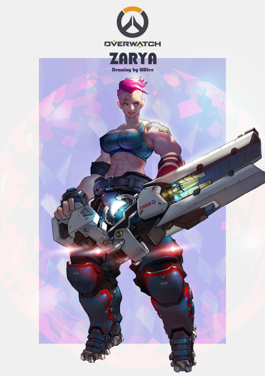 abs boots breasts combat_boots full_body green_eyes gun highres holding holding_gun holding_weapon huge_weapon impossible_clothes knee_pads large_breasts lipstick makeup midriff muscle muscular_female overwatch pants particle_projector_cannon pink_hair scar scar_across_eye short_hair shoulder_tattoo solo sports_bra tattoo undercut very_short_hair weapon wonbin_lee zarya_(overwatch)