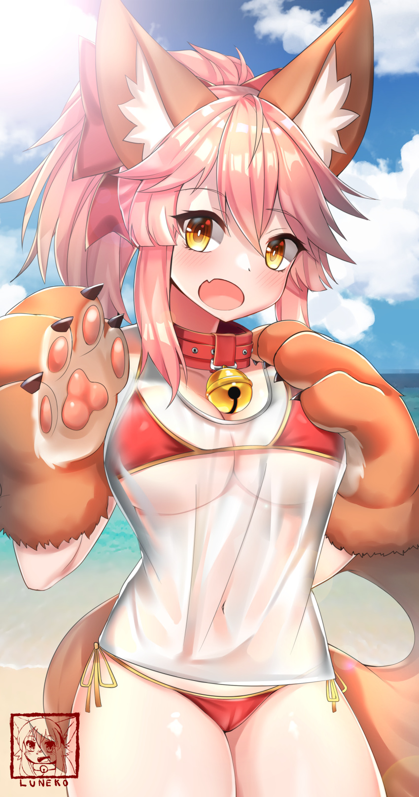 absurdres animal_ear_fluff animal_ears beach bell bell_collar bikini blush breasts cat_paws cleavage collar collarbone day eyebrows_visible_through_hair fang fangs fate/grand_order fate_(series) fox_ears fox_tail gloves hair_ribbon highres long_hair looking_at_viewer navel neko_lu ocean open_mouth outdoors paw_gloves paws pink_hair ponytail red_bikini red_ribbon ribbon see-through shirt side-tie_bikini solo sunlight swimsuit tail tamamo_(fate)_(all) tamamo_cat_(fate) wet wet_clothes wet_shirt