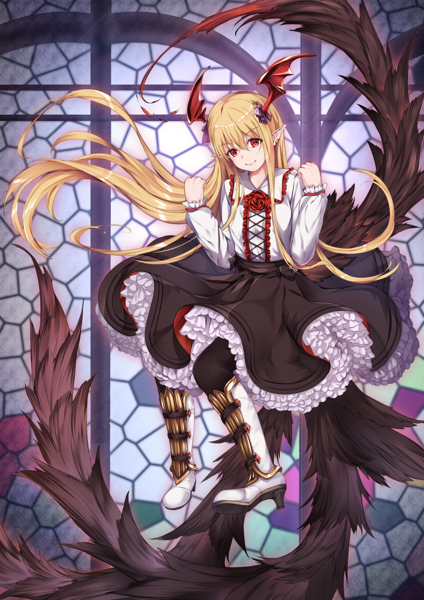 absurdres black_skirt blonde_hair boots c_(pixiv3064042) collared_shirt commentary_request demon_wings fangs floating floating_hair flower frilled_skirt frills full_body granblue_fantasy hair_between_eyes hands_up head_wings high_heel_boots high_heels highres knee_boots long_hair looking_at_viewer mosaic_background red_eyes red_flower red_rose rose shadowverse shirt skirt smile solo vampire vampy very_long_hair white_shirt wings