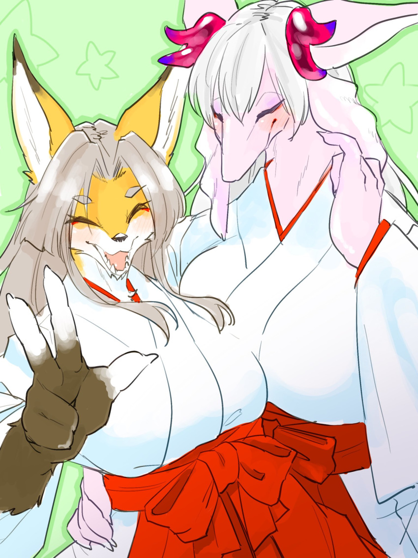 2girls dragon eyes_closed fox furry grey_hair japanese_clothes kame_(3t) long_hair looking_at_viewer miko multiple_girls smile
