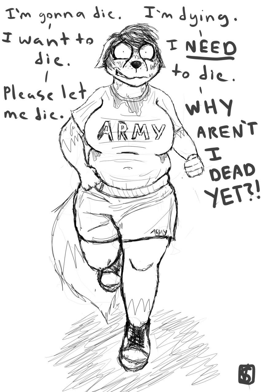 2018 anthro army belly big_breasts black_and_white breasts canine clothed clothing comic english_text exercise female fox jogging mammal military monochrome peggy_patterson running savagelyrandom simple_background slightly_chubby soldier solo sweat text