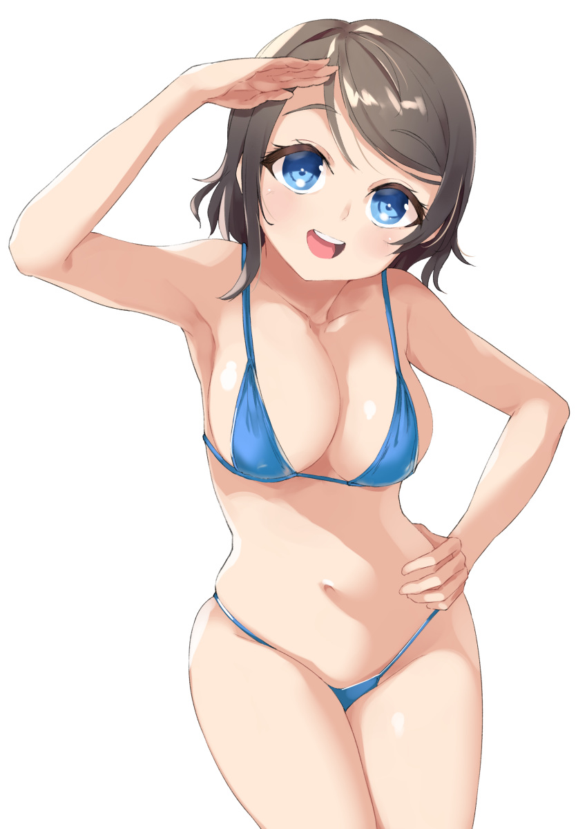 10s 1girl bikini blue_bikini breasts cleavage eyebrows_visible_through_hair hand_on_hip large_breasts light_blush looking_at_viewer love_live! love_live!_sunshine!! navel open_mouth qwyte salute simple_background smile solo standing swimsuit watanabe_you white_background