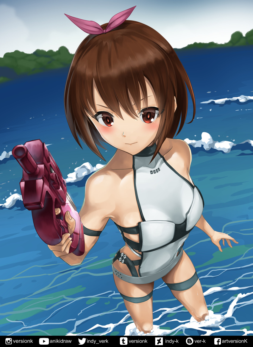 arm_strap bare_shoulders blush bow brown_eyes brown_hair bullpup collarbone day foreshortening from_above gun hair_bow highres indy_k llenn_(sao) ocean one-piece_swimsuit p-chan_(p-90) p90 solo standing submachine_gun swimsuit sword_art_online sword_art_online_alternative:_gun_gale_online water weapon