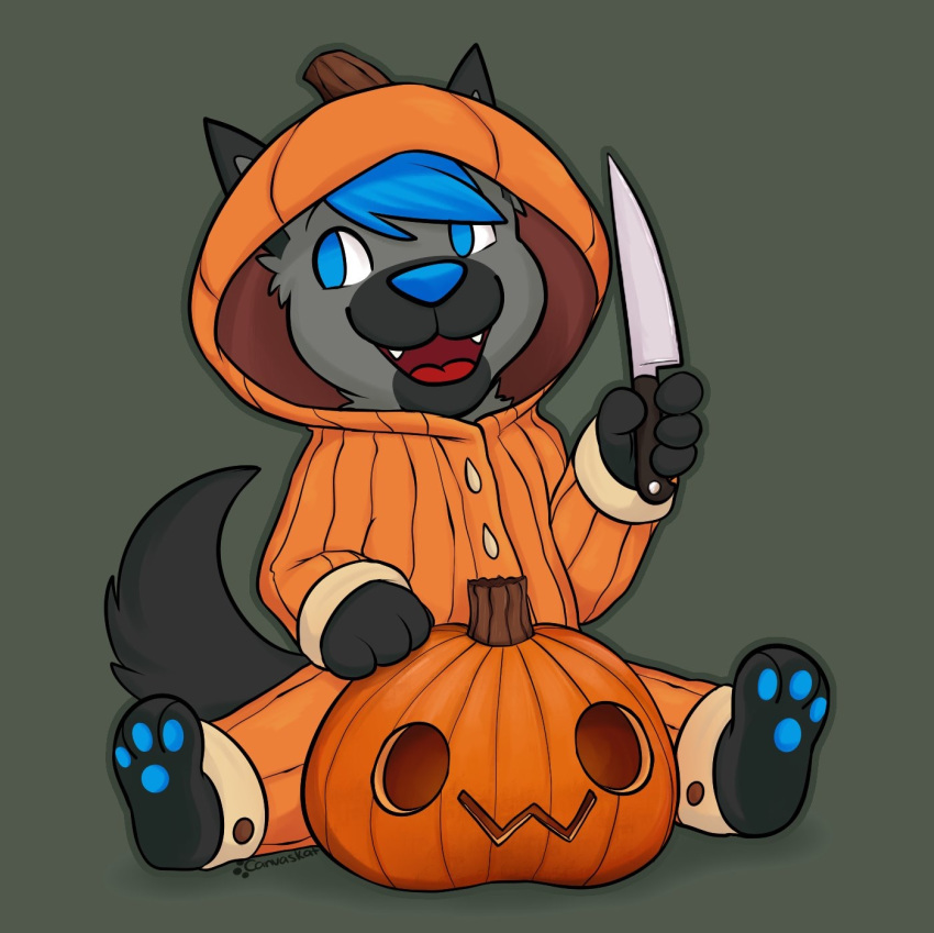 anthro black_fur blue_eyes blue_hair blue_nose blue_pads canine canvaskat cloth crave craving cure food fruit fur grey_fur hair halloween holidays jerome_blaze knife male mammal open_mouth owo paws plain_blackground pumpkin smile solo teeth wolf