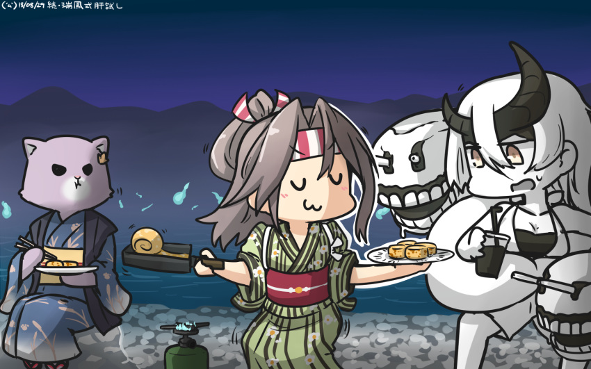 :3 alternate_costume animal animalization cat closed_eyes commentary_request cooking dated hachimaki hamu_koutarou hat headband heavy_cruiser_hime highres holding horns japanese_clothes kantai_collection kimono light_brown_hair long_hair multiple_girls obi omelet portable_stove rectangular_frying_pan sash shinkaisei-kan smile tama_(kantai_collection) tamagoyaki v-shaped_eyebrows white_hair white_hat white_skin yellow_eyes yukata zui_zui_dance zuihou_(kantai_collection)