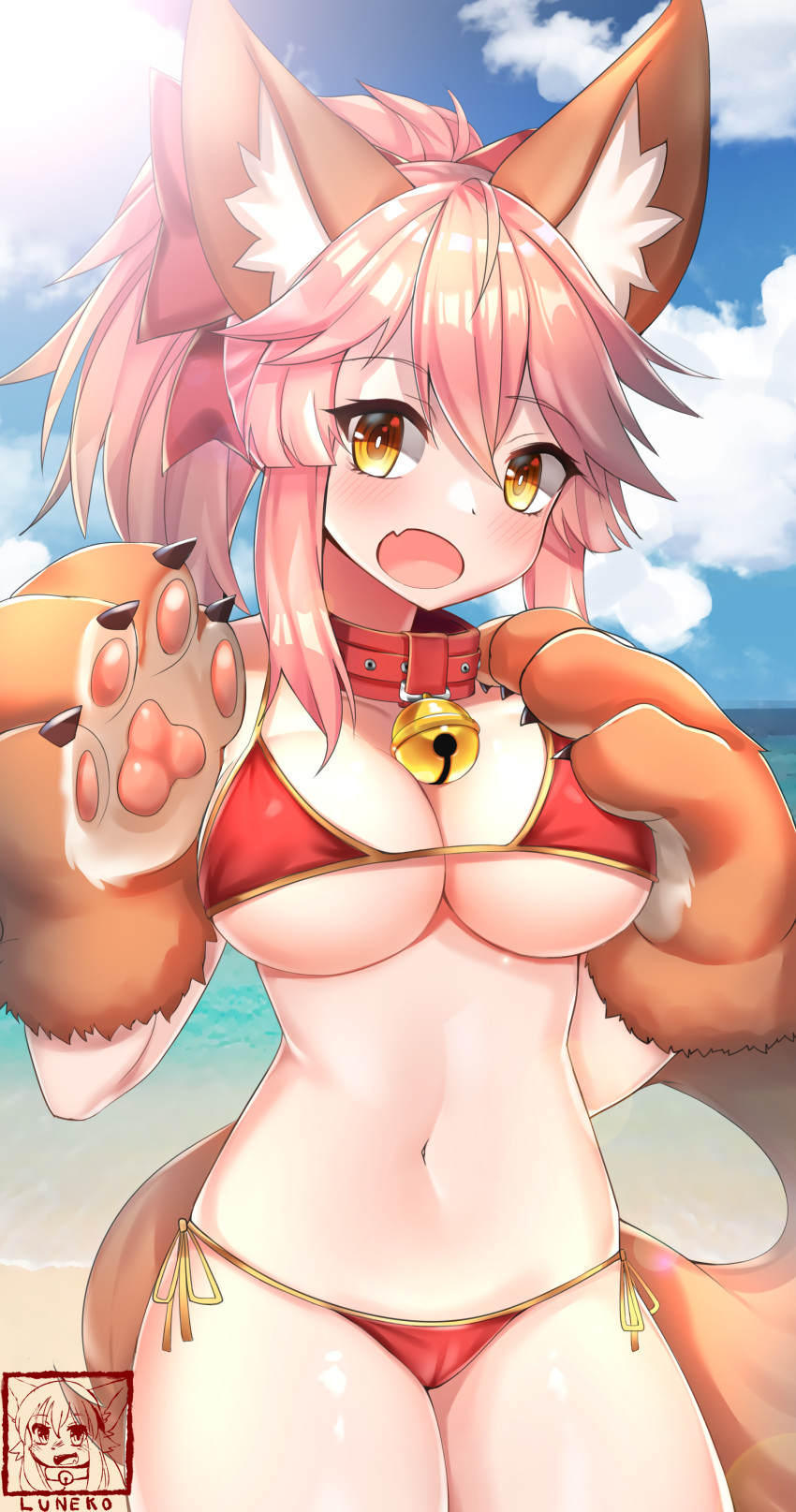 absurdres animal_ear_fluff animal_ears beach bell bell_collar bikini blush breasts cat_paws cleavage collar collarbone day eyebrows_visible_through_hair fang fangs fate/grand_order fate_(series) fox_ears fox_tail gloves hair_ribbon highres long_hair looking_at_viewer navel neko_lu ocean open_mouth outdoors paw_gloves paws pink_hair ponytail red_bikini red_ribbon ribbon side-tie_bikini solo sunlight swimsuit tail tamamo_(fate)_(all) tamamo_cat_(fate)