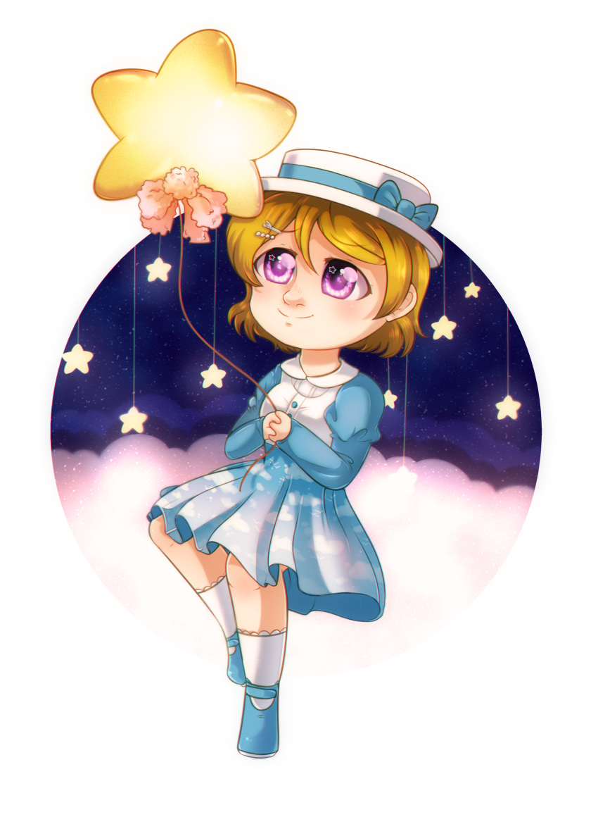 absurdres balloon chibi closed_mouth cloud dress dungeon_toaster hair_ornament hands_together hat highres huge_filesize idol koizumi_hanayo love_live! love_live!_school_idol_festival love_live!_school_idol_project nose ribbon self_upload sky socks solo star