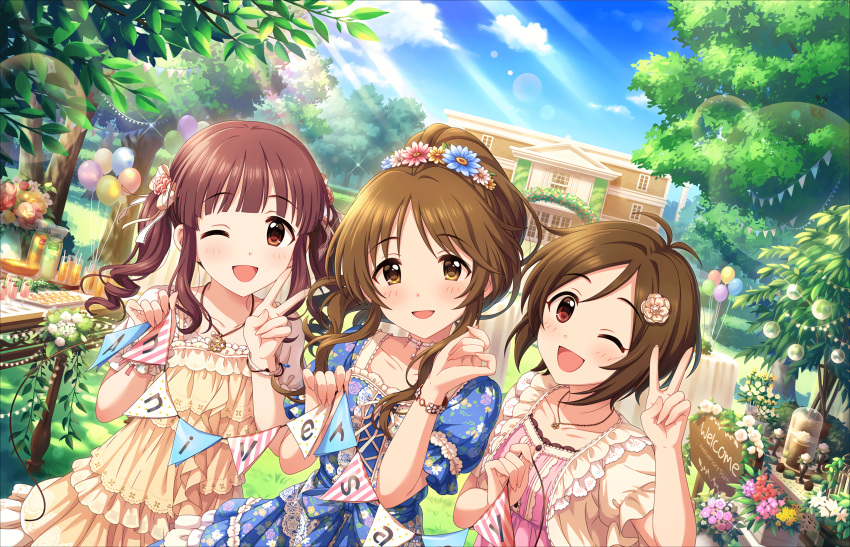 artist_request balloon bangs blue_dress blue_sky blush brown_eyes brown_hair choker collarbone day doumyouji_karin dress drink eyebrows_visible_through_hair floral_print flower food frilled_dress frills grass hair_flower hair_ornament highres holding idolmaster idolmaster_cinderella_girls idolmaster_cinderella_girls_starlight_stage jewelry lace lolita_fashion long_hair looking_at_viewer messy_hair multiple_girls official_art ogata_chieri one_eye_closed open_mouth outdoors ponytail red_eyes short_hair short_sleeves sky smile sunlight takamori_aiko tree twintails v