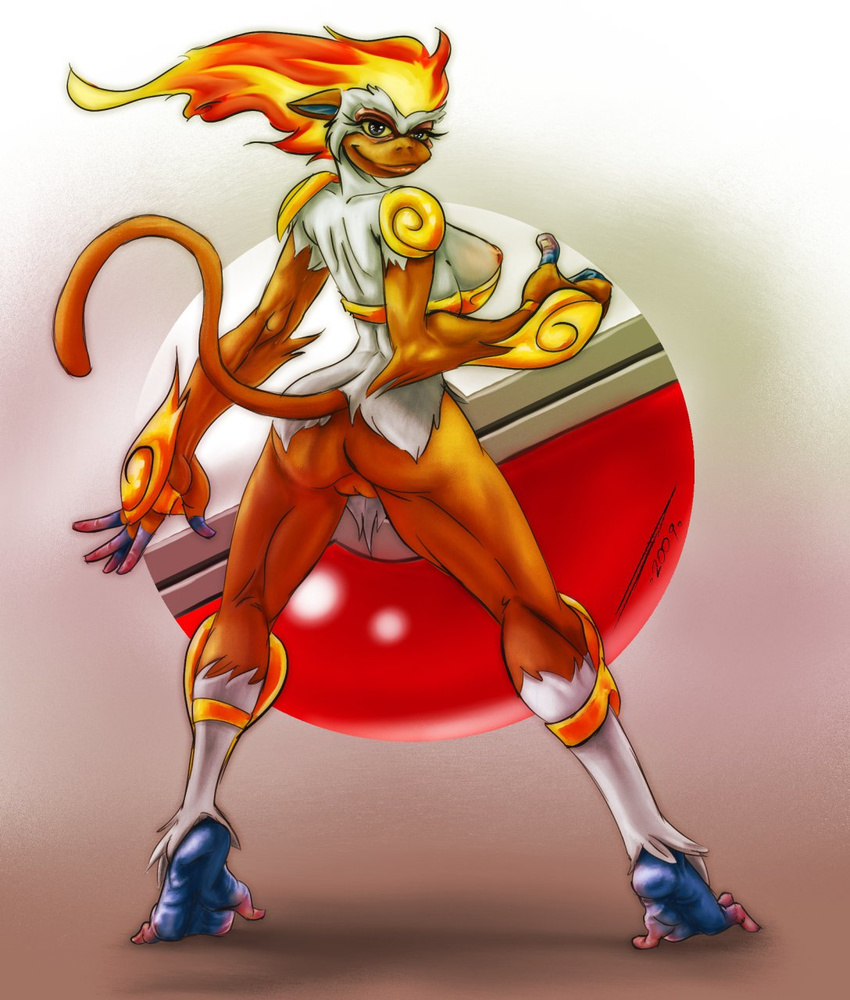 2009 anthro back blue_eyes breasts butt clothed clothing compression_artifacts female fire infernape looking_at_viewer looking_back mammal monkey muscles muscular_female nintendo nipples pok&#233;mon pokemon primate pussy raised_tail side_boob skimpy smile solo standing thumbs_up video_games white-devil