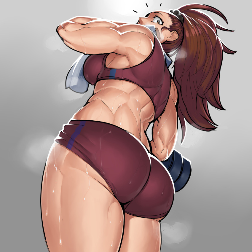 absurdres ass bare_shoulders breasts brown_eyes brown_hair buruma captain_mizuki cowboy_shot dumbbell from_below from_side gradient gradient_background grey_background highres krekk0v looking_at_viewer medium_breasts midriff muscle muscular_female one-punch_man ponytail sideboob solo sports_bra standing steam surprised sweat thick_thighs thighs toned towel