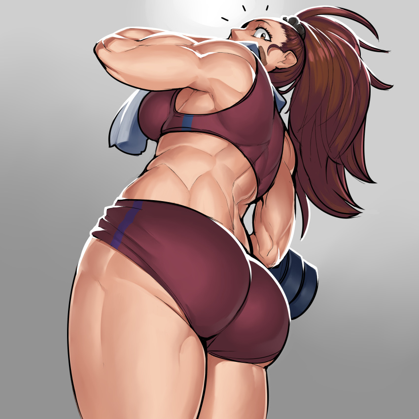 absurdres ass bare_shoulders breasts brown_eyes brown_hair buruma captain_mizuki cowboy_shot dumbbell from_below from_side gradient gradient_background grey_background highres krekk0v looking_at_viewer medium_breasts midriff muscle muscular_female one-punch_man ponytail sideboob solo sports_bra standing surprised thick_thighs thighs toned towel
