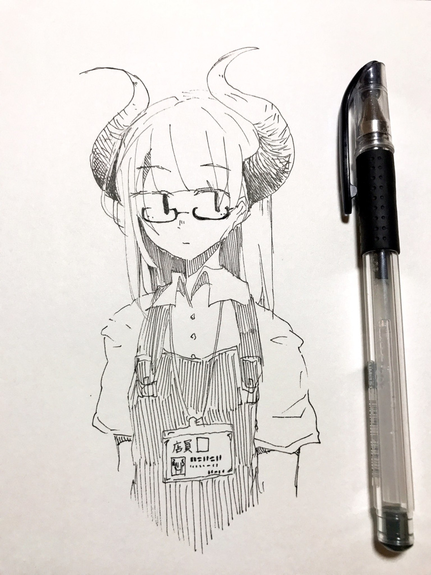 bangs collared_shirt commentary_request eguchi_saan glasses greyscale highres horns id_card lanyard long_hair looking_to_the_side monochrome original paper_(medium) pen pen_(medium) photo shirt solo translated