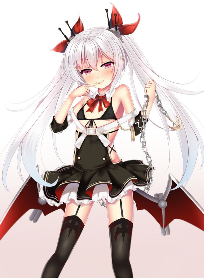 azur_lane bangs bare_shoulders bat_wings belt belt_buckle bikini_top black_bikini_top black_dress black_legwear blush bow breasts brown_background buckle chain commentary_request covered_nipples detached_collar dress eyebrows_visible_through_hair fang finger_to_mouth front-tie_bikini front-tie_top gradient gradient_background hair_between_eyes hands_up head_tilt highres holding long_hair low_wings parted_lips puririn red_bow red_eyes red_wings silver_hair small_breasts smile solo thighhighs twintails vampire_(azur_lane) very_long_hair white_background white_belt white_collar wing_collar wings