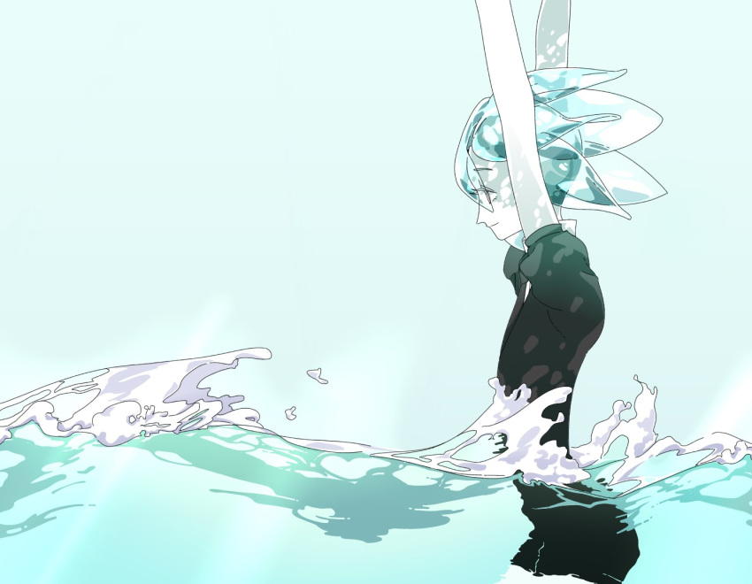 aaaa_(pinkume39goya) androgynous aqua_background aqua_eyes aqua_hair arms_up blue_eyes blue_hair crystal_hair eyes_visible_through_hair gem_uniform_(houseki_no_kuni) houseki_no_kuni partially_submerged phosphophyllite short_hair smile solo water waves white_skin