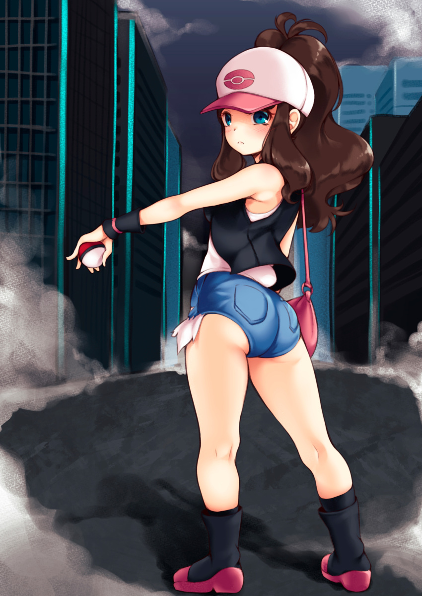 aqua_eyes ass back bag bare_arms bare_legs bare_shoulders baseball_cap black_vest boots brown_hair city closed_mouth day denim denim_shorts exposed_pocket frown full_body hair_through_headwear hand_up hat high_ponytail highres holding holding_poke_ball kneepits long_hair looking_at_viewer looking_back maremay0513 outdoors outstretched_arm pocket poke_ball poke_ball_(generic) pokemon pokemon_(game) pokemon_bw road shirt short_shorts shorts shoulder_bag sidelocks sleeveless sleeveless_shirt solo standing street touko_(pokemon) twisted_torso vest white_shirt wristband