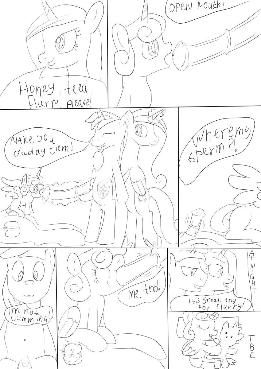 age_difference big_macintosh_(mlp) big_penis comic dry_orgasm female flurry_heart_(mlp) friendship_is_magic incest jbond magic magical_stimulation male male/female my_little_pony oral penetration penis princess_cadance_(mlp) shining_armor_(mlp) small_penis speech_bubble text toy young